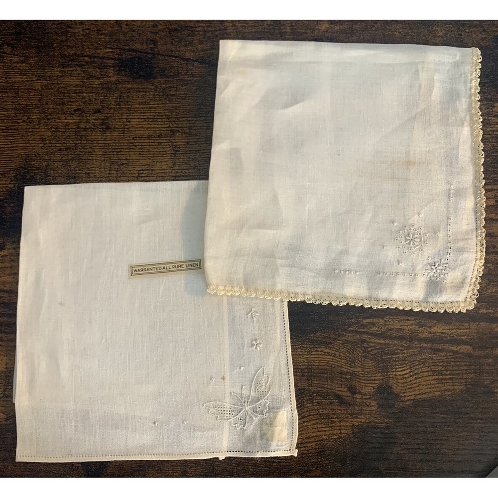 Vintage Square Linen Embroidered 2 Floral Butterfly Handkerchiefs Hankies
